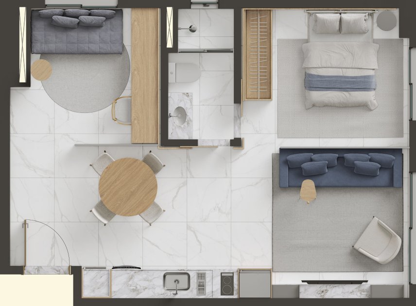 Planta da unidade de 45 m²: dois dormitórios, estar, sala de jantar, cozinha integrada e banheiro