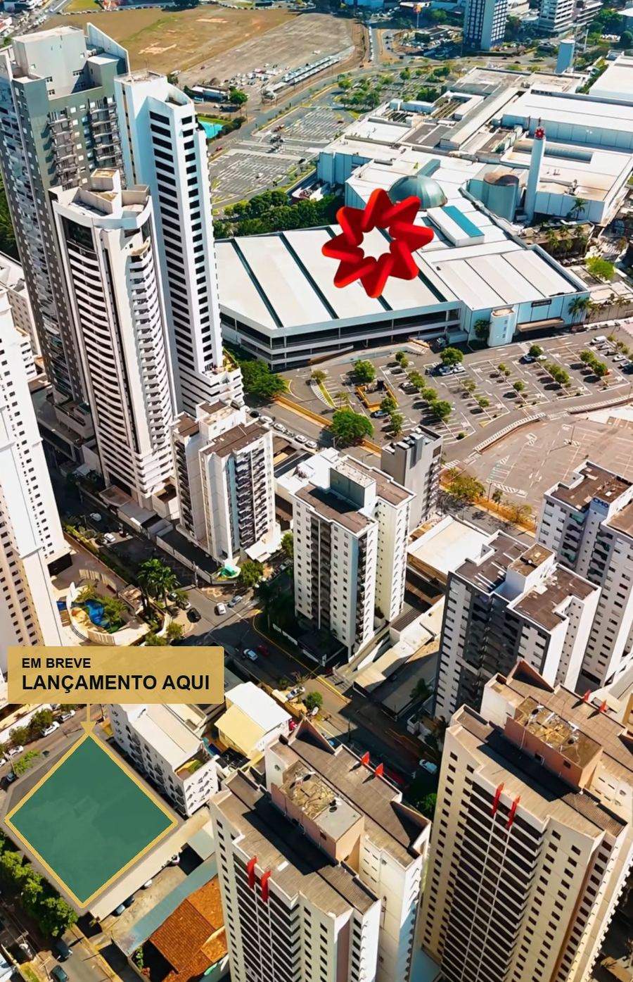 Vista aérea do Jardim Goiás com o terreno do empreendimento marcado, a uma quadra do Shopping Flamboyant